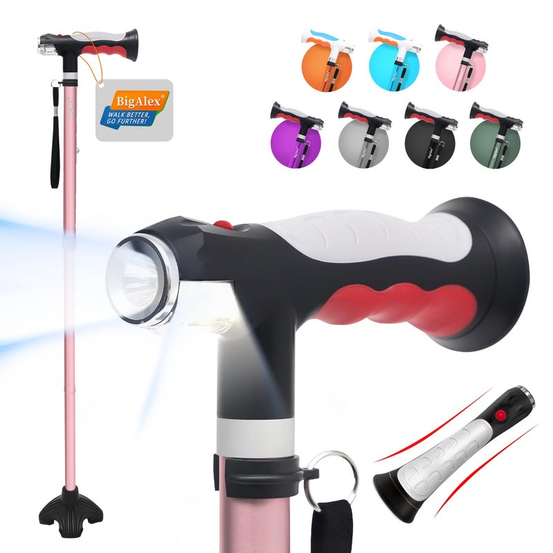 BigAlex Folding Walking Cane with Two Led Lights for Elderly Solid Base Adjustable Walking Stick with Carrying Bag for Men Women - Image 3