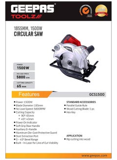 GEEPAS Geepas 1500W Circular Saw, 185 mm, Gcs1500  - Image 2