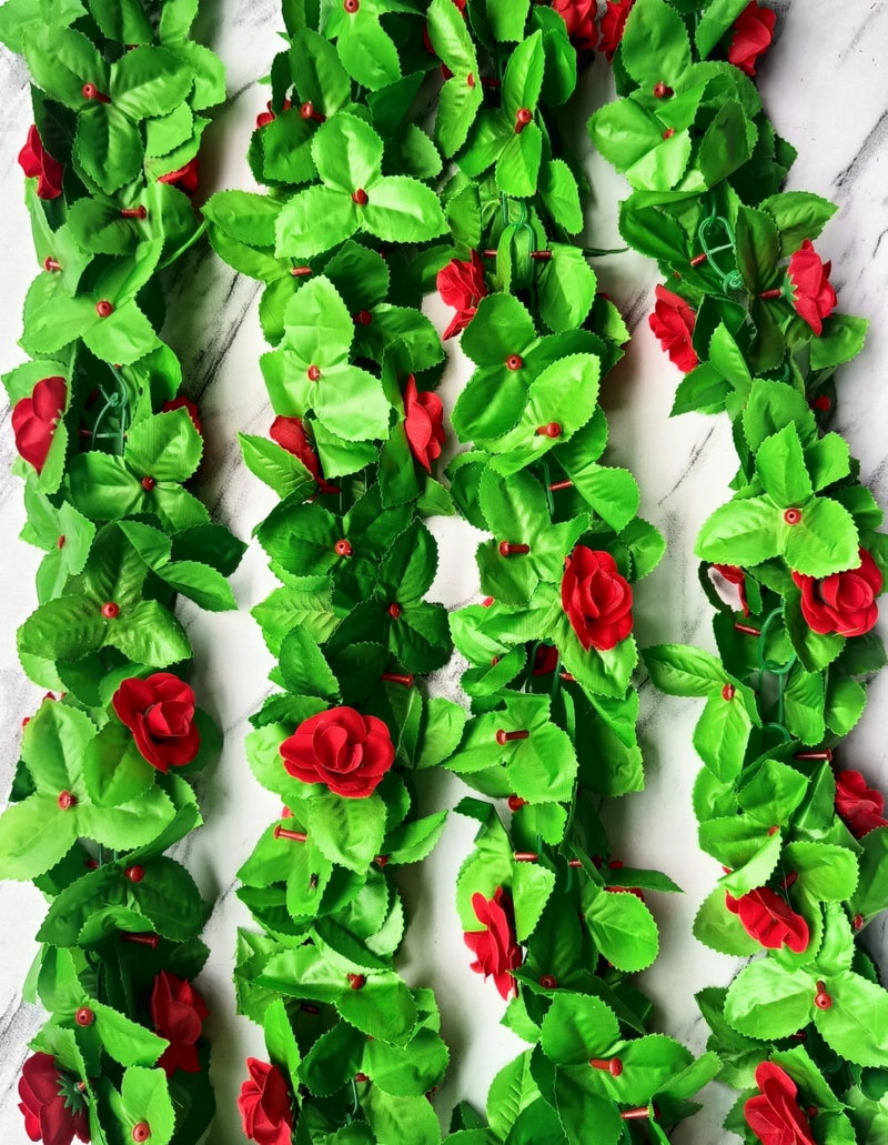 VRB Dec™ 1 Pcs Artificial Flowers Vine Blossom/Roses Garland Fake (6 ft) Flowers Fabric Roses/Blossom Garland for Wedding Decor Diwali/Ganpati/Garden Wall Valentine (Red Rose Leaf Garland) - Image 1