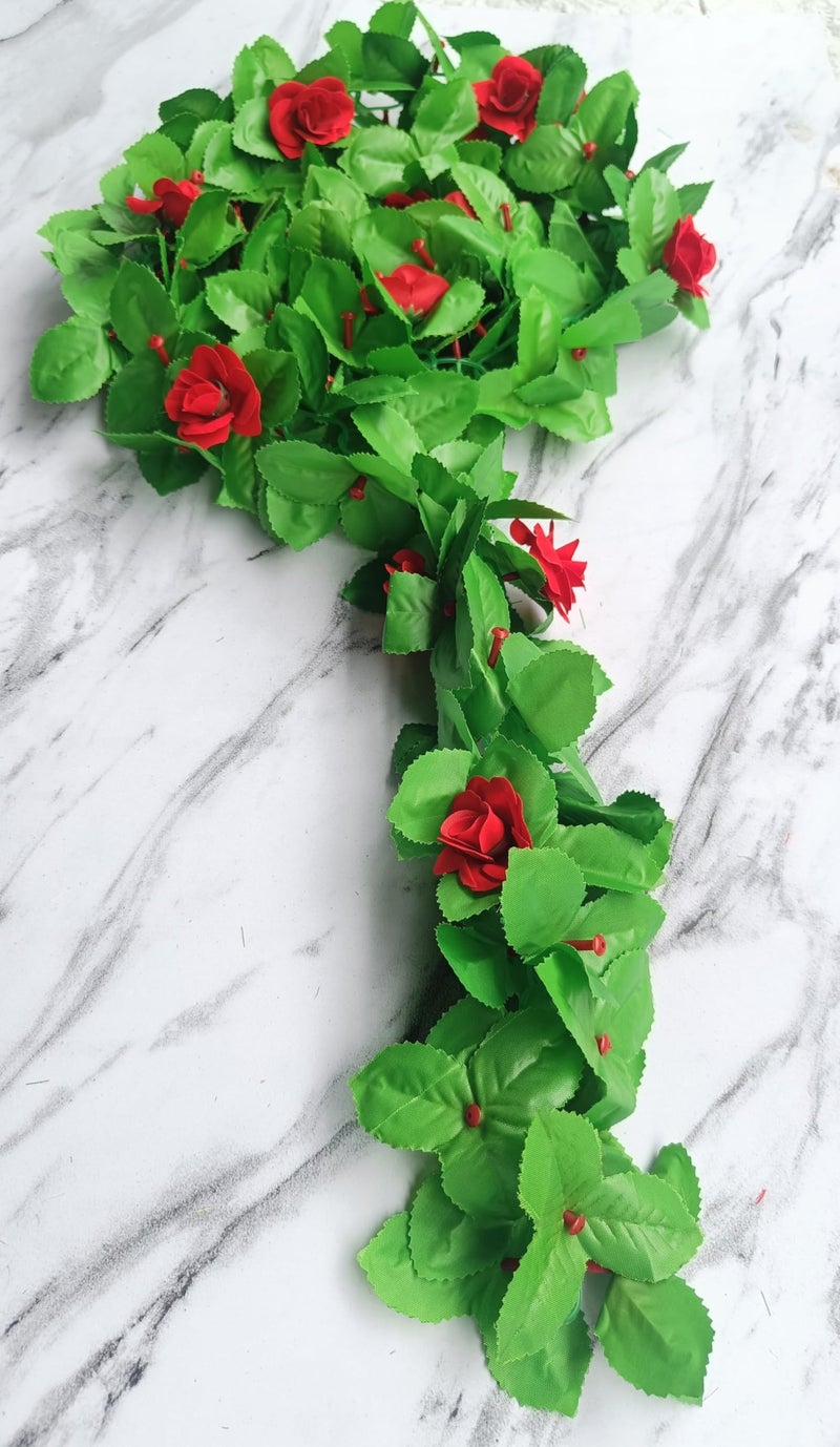 VRB Dec™ 1 Pcs Artificial Flowers Vine Blossom/Roses Garland Fake (6 ft) Flowers Fabric Roses/Blossom Garland for Wedding Decor Diwali/Ganpati/Garden Wall Valentine (Red Rose Leaf Garland) - Image 3