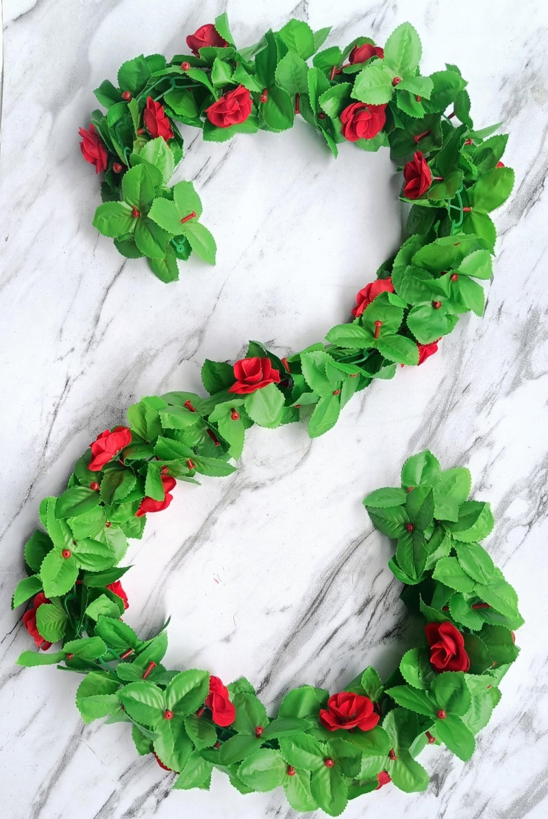 VRB Dec™ 1 Pcs Artificial Flowers Vine Blossom/Roses Garland Fake (6 ft) Flowers Fabric Roses/Blossom Garland for Wedding Decor Diwali/Ganpati/Garden Wall Valentine (Red Rose Leaf Garland) - Image 2