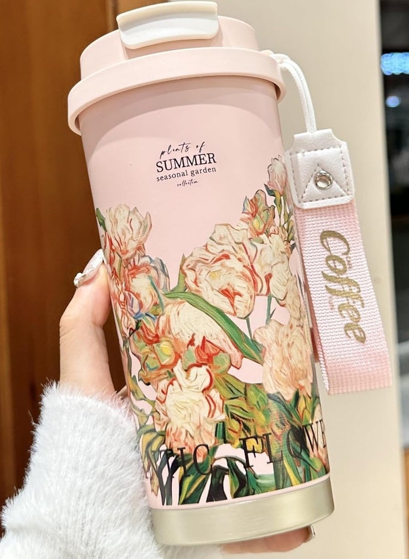 ELITZHUB Premium Stainless Steel Flower Tumbler Travel/Coffee Mug Vacuum Insulated Food Grade Leak Proof Perfect for Travel & Everyday Use Office Gym Home 12 Hours Hot Cold BPA Free 500ml Orange - Image 1