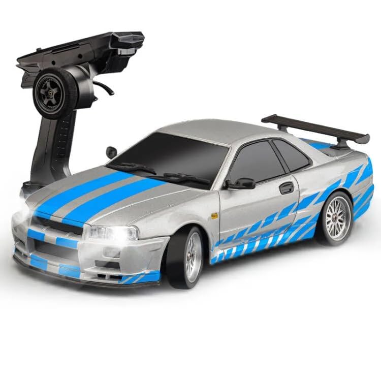 SVERTIBO LD1899 118 Scale RC Drift Car GTR R34 24GHz RWD Mini Model Car with Gyro Alloy Body Shell Racing Cars for Adults Toys SilverBlue - Image 1