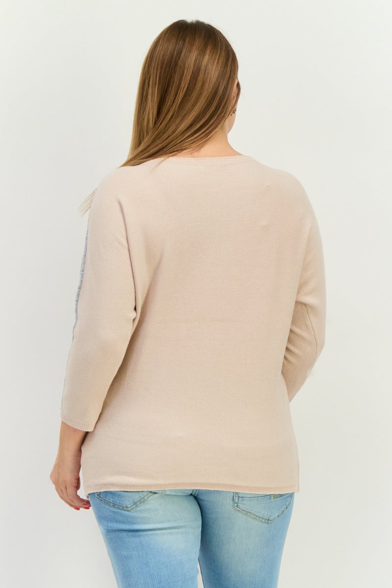 Buzz Women Round Neck Metallic Detail Sweater, Beige - Image 3