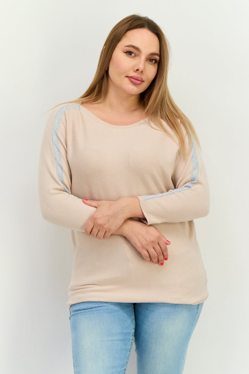 Buzz Women Round Neck Metallic Detail Sweater, Beige - Image 1