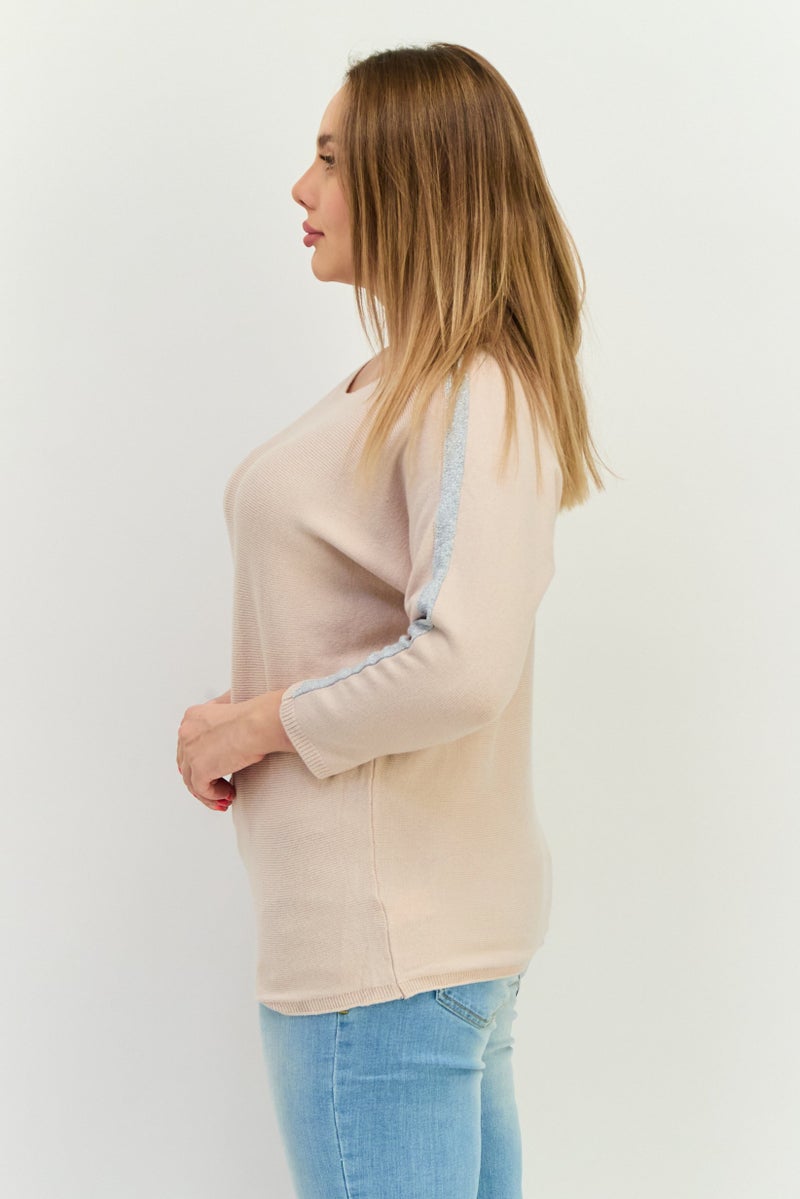 Buzz Women Round Neck Metallic Detail Sweater, Beige - Image 2