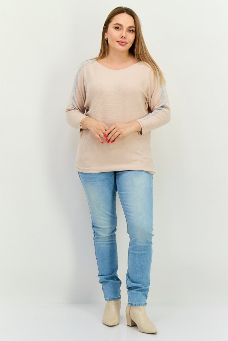 Buzz Women Round Neck Metallic Detail Sweater, Beige - Image 4