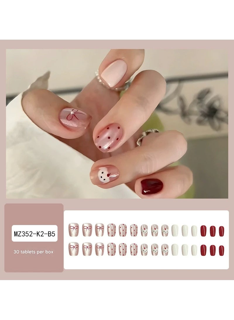 Goolsky أظافر مزيفة مزينة بالأحجار الكريمة على شكل قوس - تصميم كلب بنقاط بولكا، نصائح أظافر عيون قطة 30 قطعة، أسلوب لطيف - Image 1