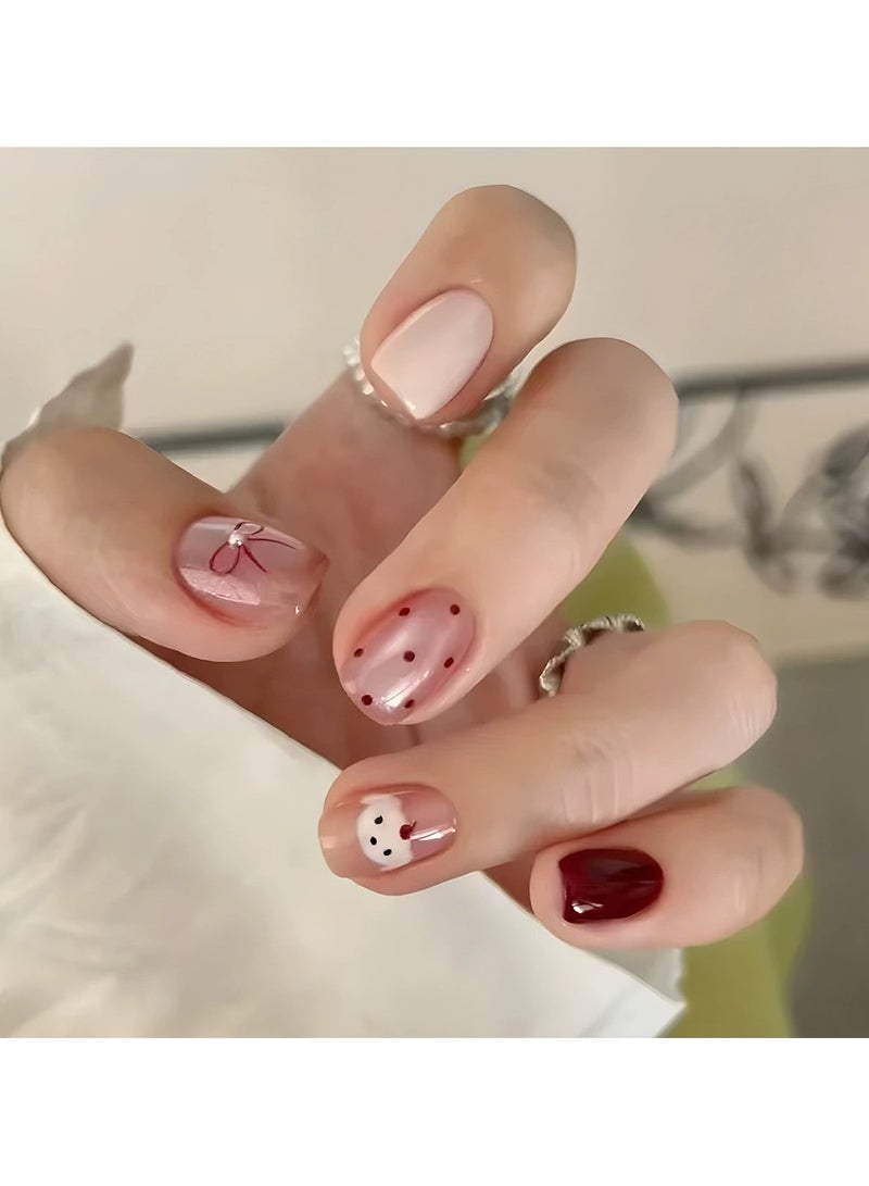 Goolsky أظافر مزيفة مزينة بالأحجار الكريمة على شكل قوس - تصميم كلب بنقاط بولكا، نصائح أظافر عيون قطة 30 قطعة، أسلوب لطيف - Image 2