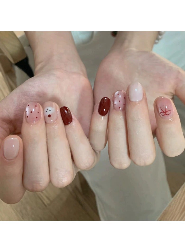 Goolsky أظافر مزيفة مزينة بالأحجار الكريمة على شكل قوس - تصميم كلب بنقاط بولكا، نصائح أظافر عيون قطة 30 قطعة، أسلوب لطيف - Image 3