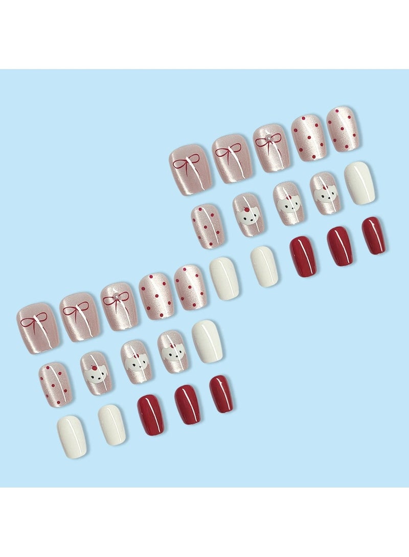 Goolsky أظافر مزيفة مزينة بالأحجار الكريمة على شكل قوس - تصميم كلب بنقاط بولكا، نصائح أظافر عيون قطة 30 قطعة، أسلوب لطيف - Image 4