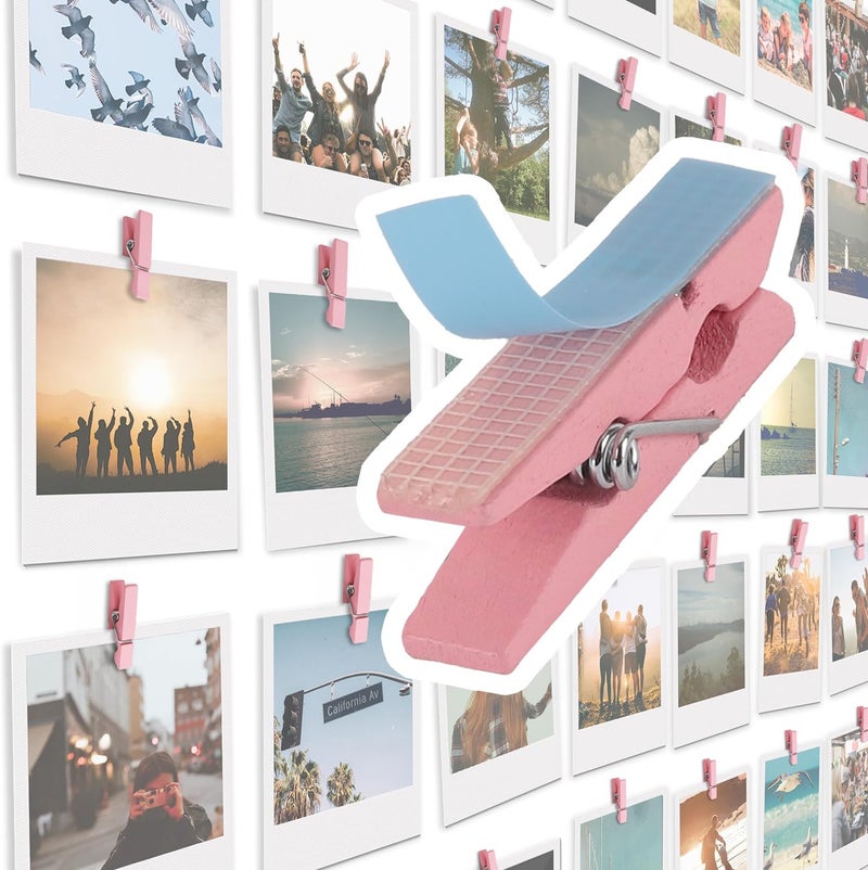 Toros.Store 20 Pack Mini Self Adhesive Clips for Pictures - Wood Clip Photo Holders for Wall  Photo Cards Hanging Display Board & Picture Boards  Artwork Photos Holders Hangers Room Decor (Pink) - Image 1