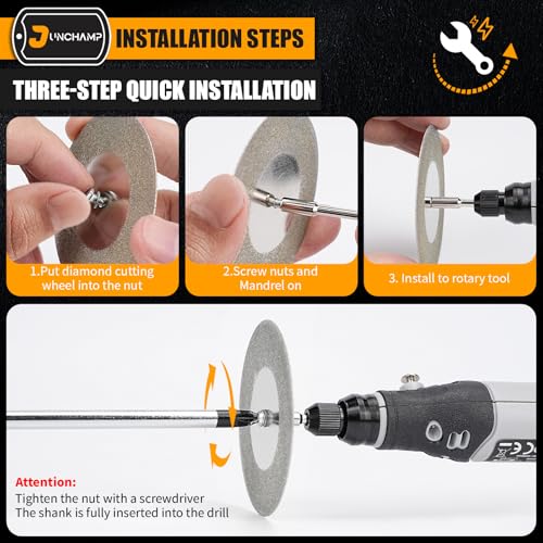 Junchamp 5Pcs 60mm Diamond Cutting Disc Cut Off Wheels with 5Pcs Mandrel 1/8'' Shank Stone Blade for Rotary Tool Drill Attachment Cutting Discs Polishing Glass Tiles Marble Plastic Jade - Image 4