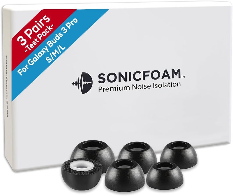 SONICFOAM أطراف أذن رغوة الذاكرة – عزل صوتي متميز، أطراف أذن بديلة من الرغوة، 3 أزواج لسماعات Galaxy Buds 3 Pro (صغير/متوسط/كبير، أسود، حزمة تجريبية) - Image 1