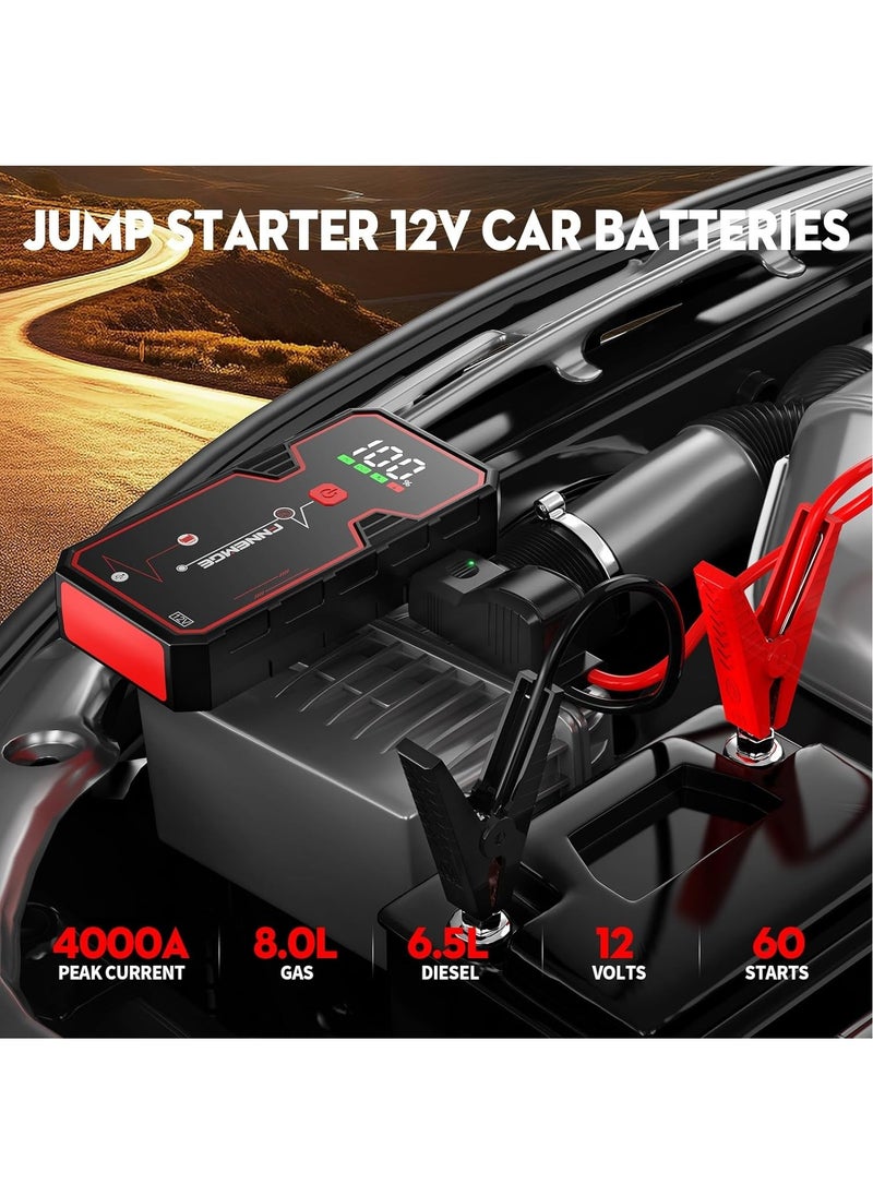 FNNEMGE - Car Jump Starter 4000A Peak Current, Battery Capacity 21800mAh 12V Jump Starter Battery Pack Supports 8L Gasoline Vehicle / 6.5L Diesel Engined Car, with USB Charge Output Port, LED Light, HD Large Screen. - Image 1