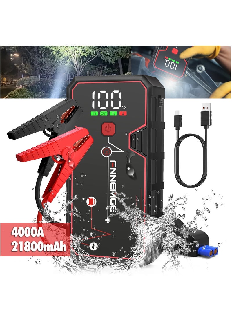 FNNEMGE - Car Jump Starter 4000A Peak Current, Battery Capacity 21800mAh 12V Jump Starter Battery Pack Supports 8L Gasoline Vehicle / 6.5L Diesel Engined Car, with USB Charge Output Port, LED Light, HD Large Screen. - Image 1