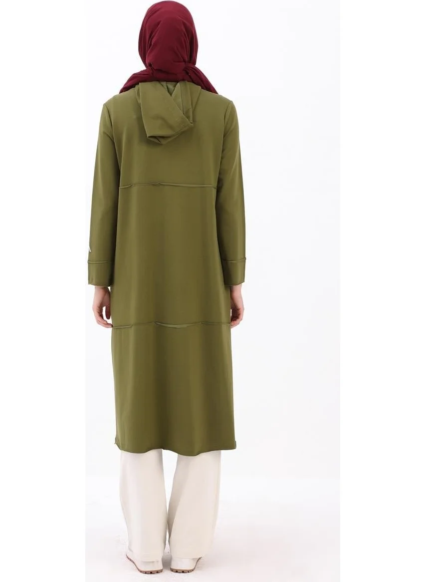 Allday Khaki-Hooded Zippered Cardigan
