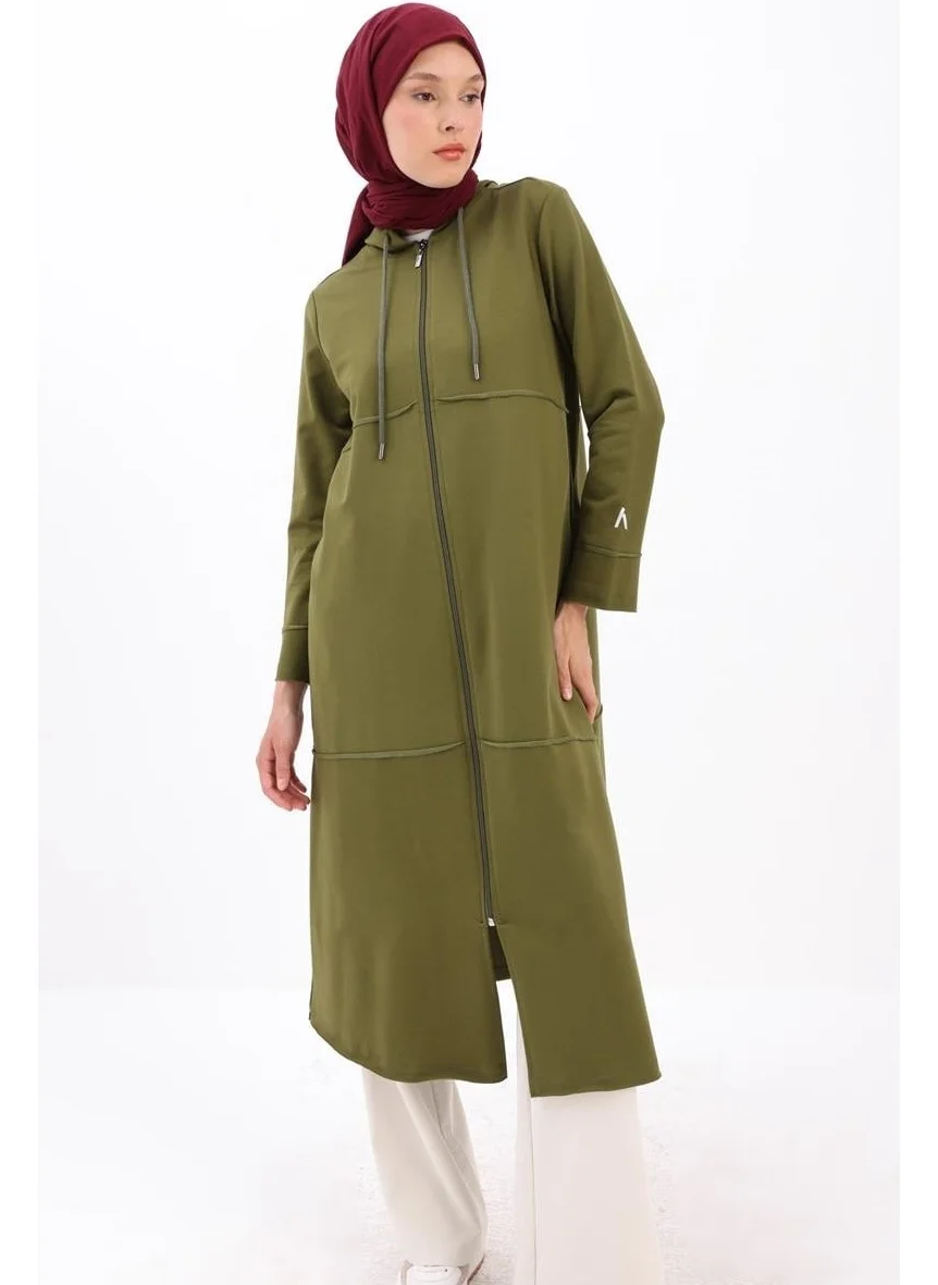 Allday Khaki-Hooded Zippered Cardigan