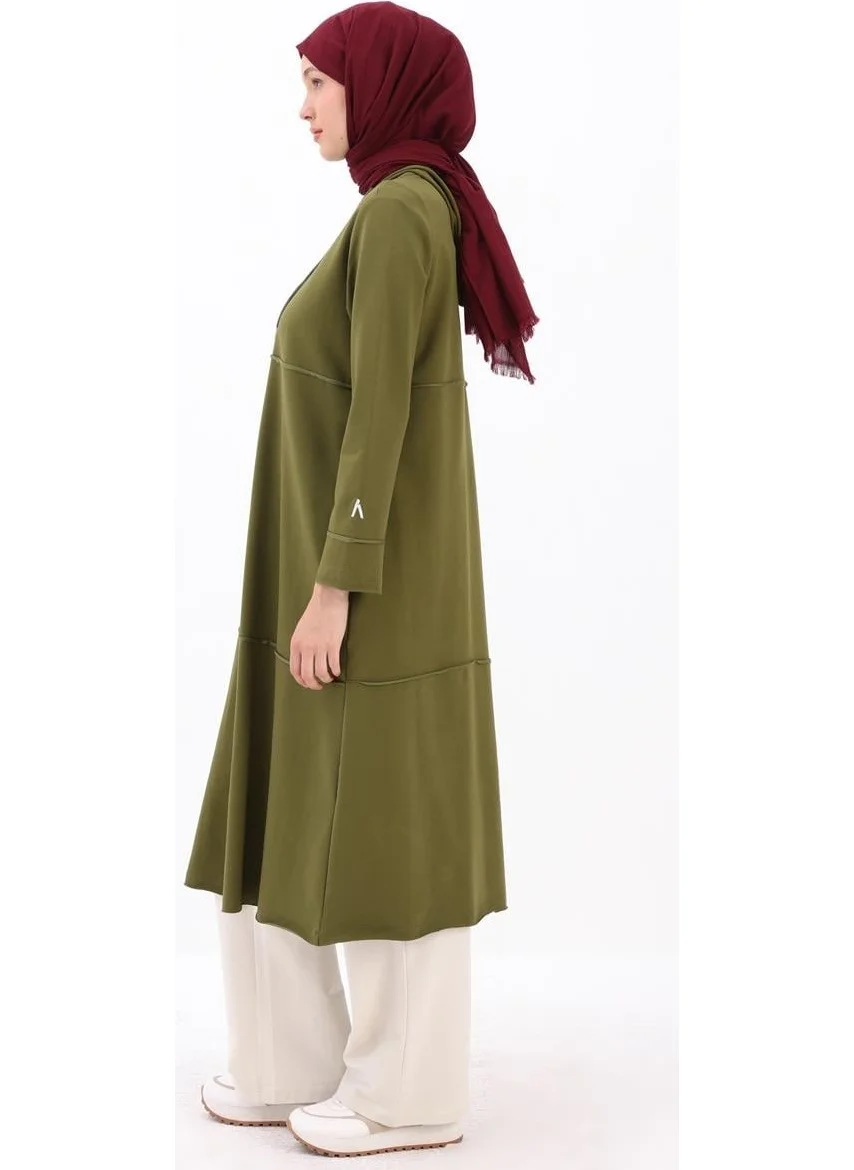 Allday Khaki-Hooded Zippered Cardigan