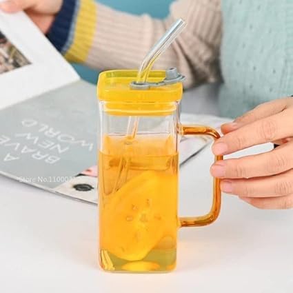 SKDBPM Glass Kids Fruit Juice Milk Sipper Tumbler Mug with Straw and AcrylicWooden Lid 400Ml Pack of 1 Green Tea Coffee Soda Can Cup with Straw - Image 2
