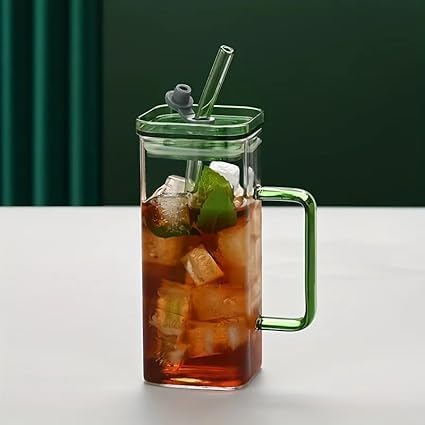 SKDBPM Glass Kids Fruit Juice Milk Sipper Tumbler Mug with Straw and AcrylicWooden Lid 400Ml Pack of 1 Green Tea Coffee Soda Can Cup with Straw - Image 1