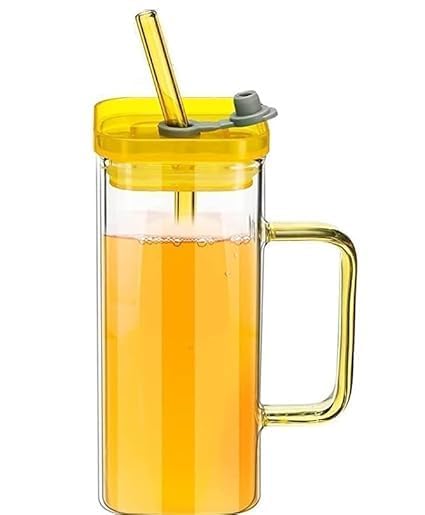 SKDBPM Glass Kids Fruit Juice Milk Sipper Tumbler Mug with Straw and AcrylicWooden Lid 400Ml Pack of 1 Green Tea Coffee Soda Can Cup with Straw - Image 3