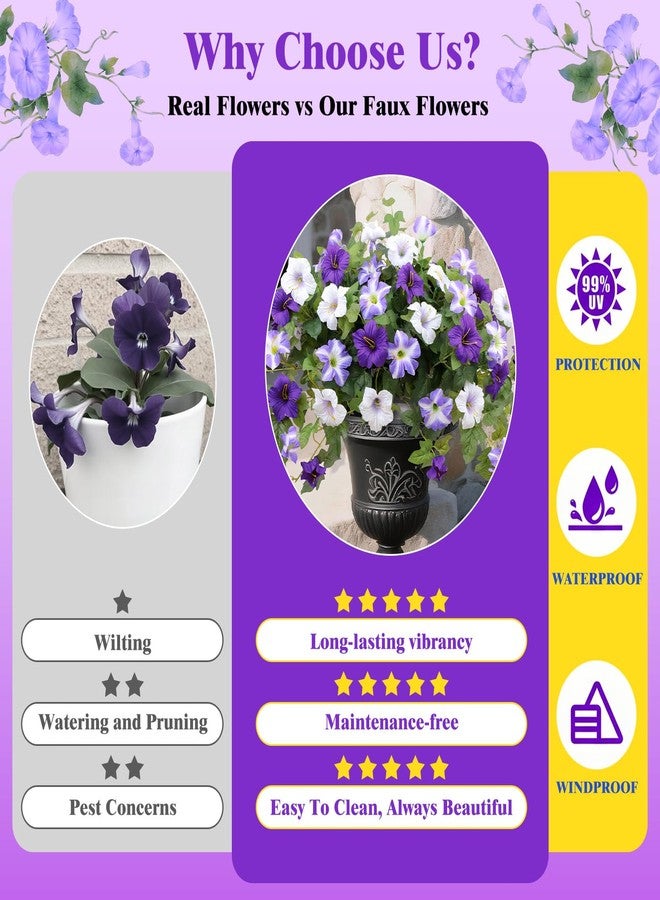 WETRBWEH Artificial Flowers for Outdoors,2 PCS Purple Faux Morning Glory UV Resistant Silk Flowers for Outdoor Planters Garden Balcony Porch Decor Realistic Fake Flowers for Spring Decoration - Image 5