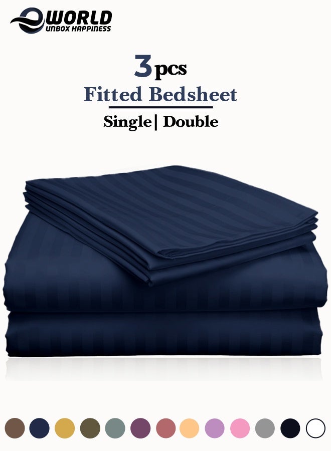 Eworld 3 Piece Luxury Navy Blue Striped Bed Sheet Set with 1 Deep Pocket Fitted Sheet and 2 Pillowcases for Hotel and Home Crafted from Ultra Soft and Breathable Microfiber for Year-Round Comfort, (Single/Double) - Image 1