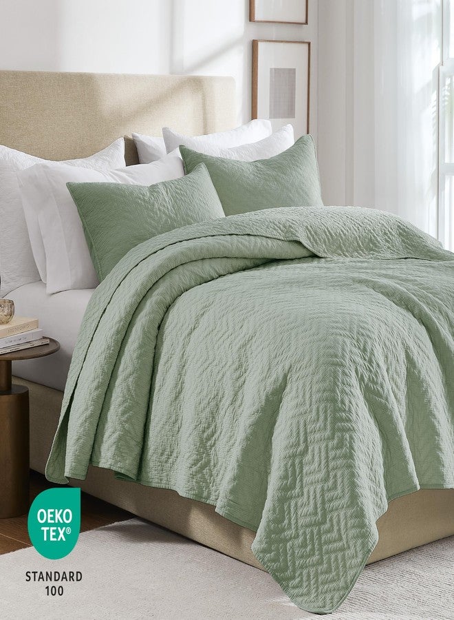 palassio Sage Green 100% Cotton Quilt King Size Bedding Sets with 2 Pillow Shams, Lightweight Textured Farmhouse Country Bedspread Soft Shabby Chic Patterned Coverlet for All Season, 3 Pieces - Image 2