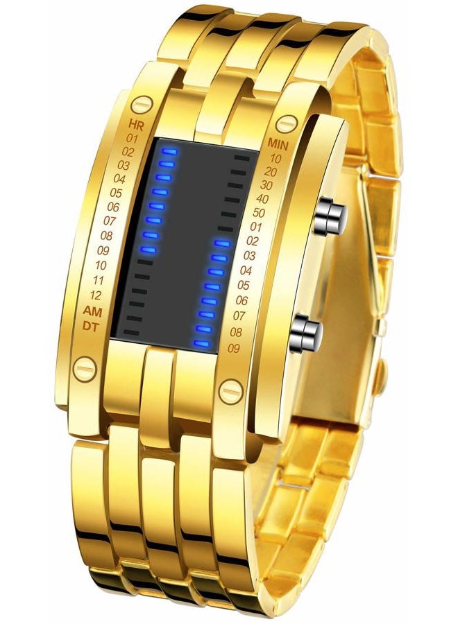 Fanmis Creative Mens Binary Matrix Blue LED Digital Watch Fashion Classic Black Plated Waterproof LED Backlight Bracelet Watches, Gold, Digital - Image 1