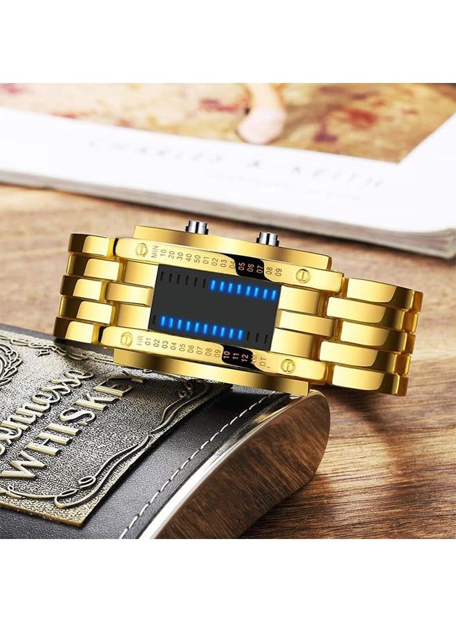 Fanmis Creative Mens Binary Matrix Blue LED Digital Watch Fashion Classic Black Plated Waterproof LED Backlight Bracelet Watches, Gold, Digital - Image 5
