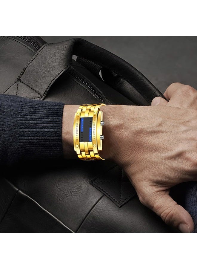 Fanmis Creative Mens Binary Matrix Blue LED Digital Watch Fashion Classic Black Plated Waterproof LED Backlight Bracelet Watches, Gold, Digital - Image 4