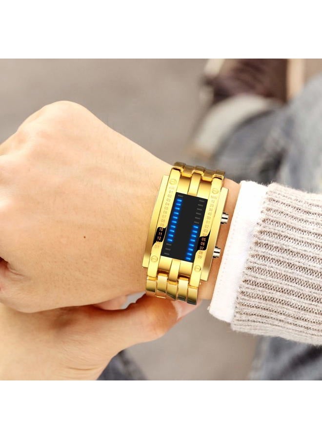 Fanmis Creative Mens Binary Matrix Blue LED Digital Watch Fashion Classic Black Plated Waterproof LED Backlight Bracelet Watches, Gold, Digital - Image 3
