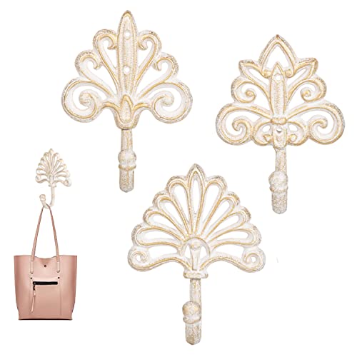 Sungmor Set of 3 Decorative Cast Iron Wall Hooks – Vintage Ornate Design with White Distressed Finish – Heavy Duty Rustic Wall Hangers for Entryway, Bathroom, Kitchen, or Bedroom Decor - Image 2