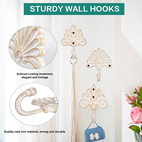 Sungmor Set of 3 Decorative Cast Iron Wall Hooks – Vintage Ornate Design with White Distressed Finish – Heavy Duty Rustic Wall Hangers for Entryway, Bathroom, Kitchen, or Bedroom Decor - Image 4