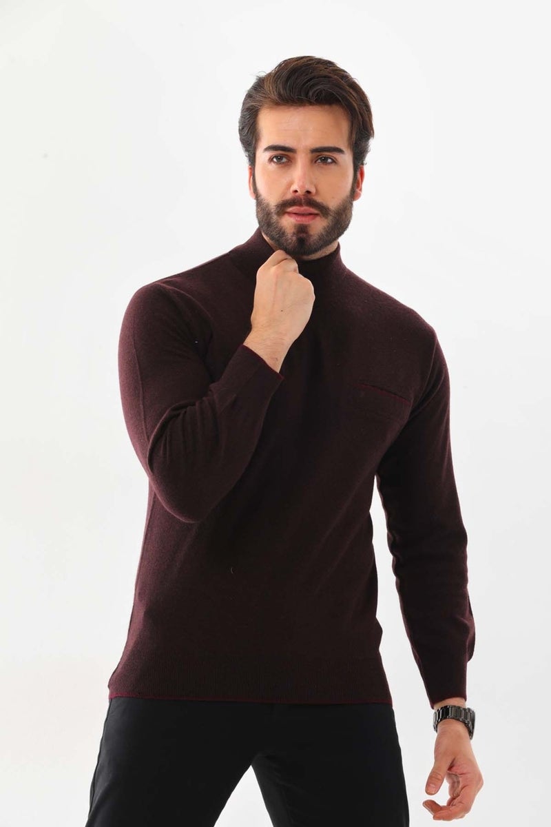 Sanfa Men's Half Turtleneck Pure Wool Sweater 2702 Claret Red  - Image 1