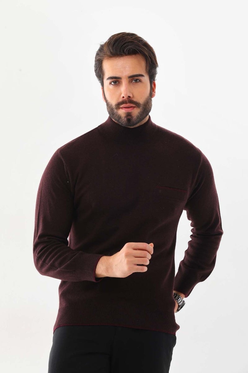 Sanfa Men's Half Turtleneck Pure Wool Sweater 2702 Claret Red  - Image 3