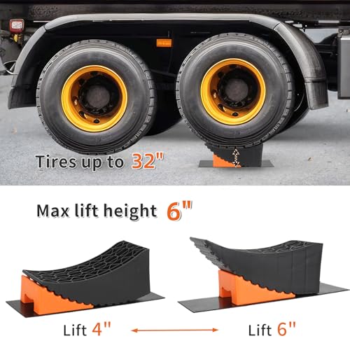 OULEME Raised Tire Change Ramp, Curved Leveling Blocks, for RV Camper Trailer Tire Lifts up to 6" with Wheel Chock, Rubber Pad, Dual Axle Tandem Wheel Aid (1 Pack) - Image 2