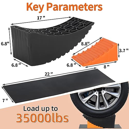 OULEME Raised Tire Change Ramp, Curved Leveling Blocks, for RV Camper Trailer Tire Lifts up to 6" with Wheel Chock, Rubber Pad, Dual Axle Tandem Wheel Aid (1 Pack) - Image 3