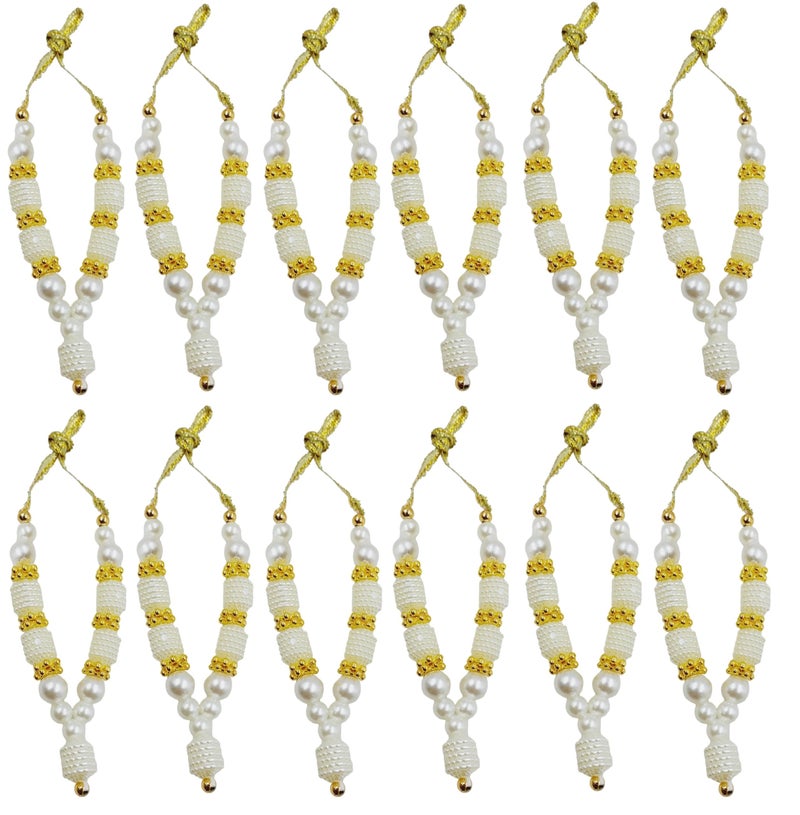 ARTISKRITI Small Mala for God Idol Small Mala Garland Haar for Car Idols, Moti Mala for Statue, Figurines, Set of 12, White Golden, 10 mm - Image 1