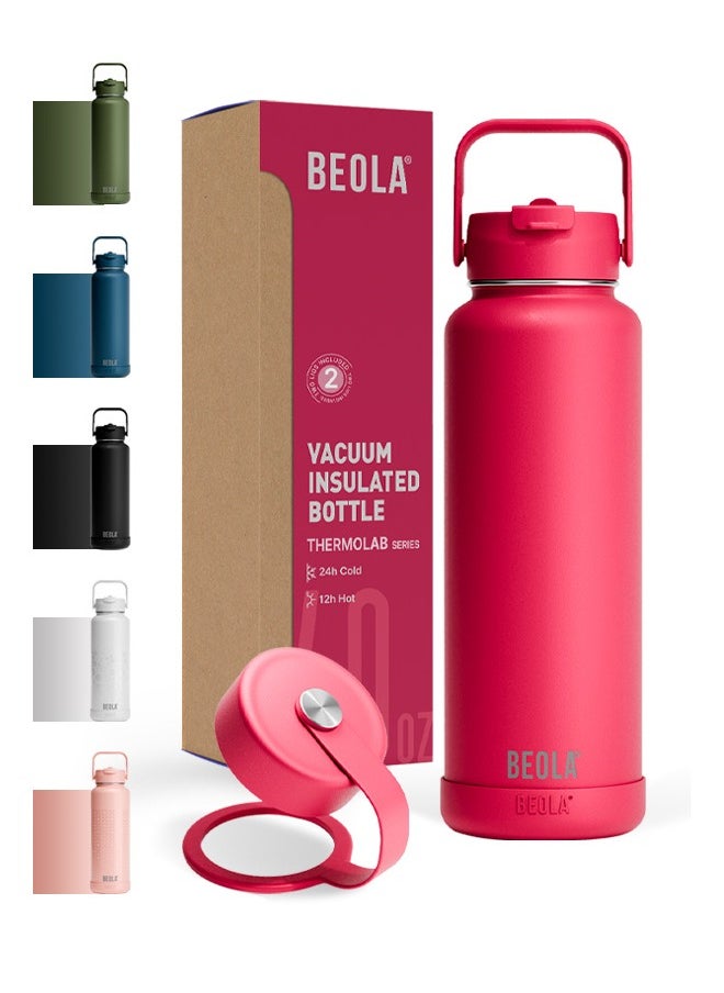 BEOLA 1200ml Water Bottle 18/8 Stainless Steel 304 Double Wall Insulated Thermos Bottle with a wide mouth, 2 lids included, Hot Cold Liquids Sports Bottle, 40oz Bottle (Raspberry)  - Image 1