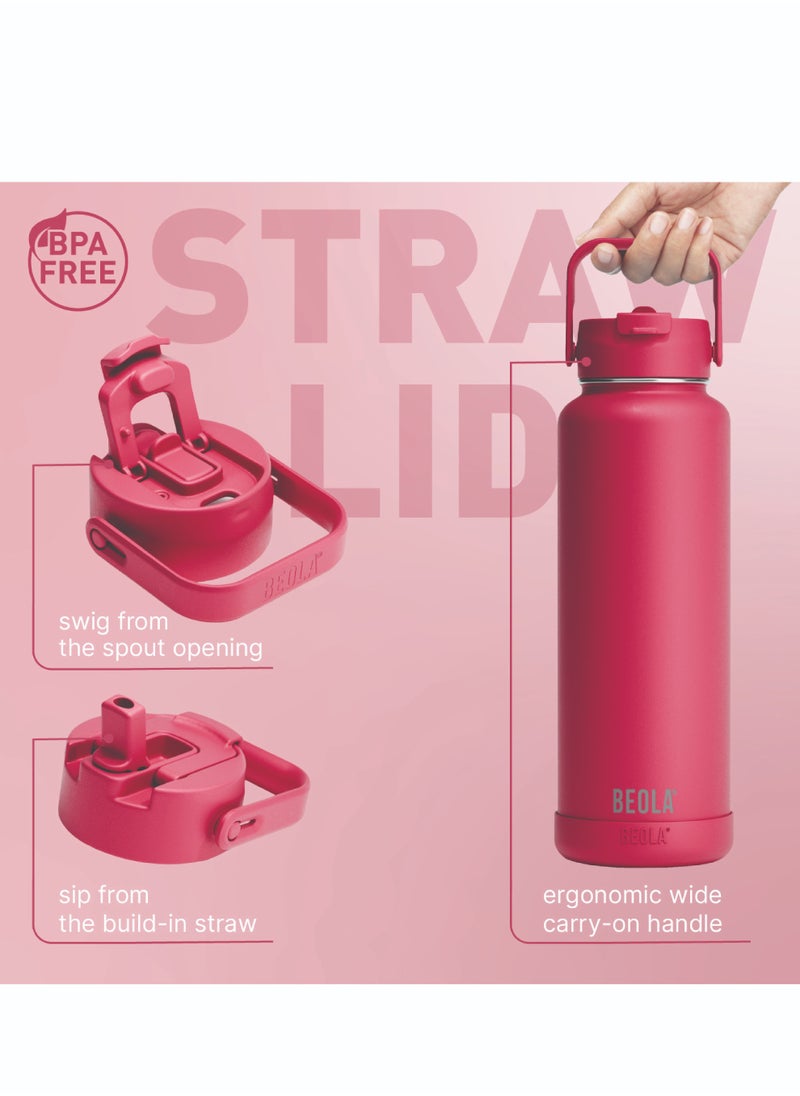 BEOLA 1200ml Water Bottle 18/8 Stainless Steel 304 Double Wall Insulated Thermos Bottle with a wide mouth, 2 lids included, Hot Cold Liquids Sports Bottle, 40oz Bottle (Raspberry)  - Image 3