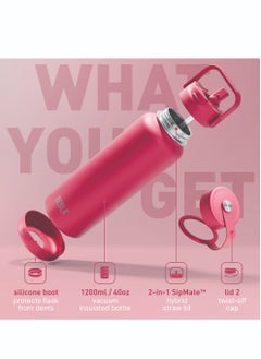 BEOLA 1200ml Water Bottle 18/8 Stainless Steel 304 Double Wall Insulated Thermos Bottle with a wide mouth, 2 lids included, Hot Cold Liquids Sports Bottle, 40oz Bottle (Raspberry)  - Image 2