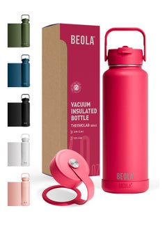 BEOLA 1200ml Water Bottle 18/8 Stainless Steel 304 Double Wall Insulated Thermos Bottle with a wide mouth, 2 lids included, Hot Cold Liquids Sports Bottle, 40oz Bottle (Raspberry)  - Image 1