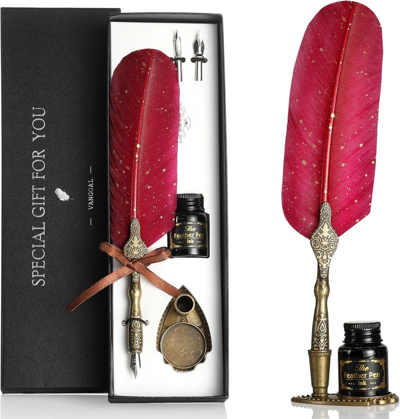 VANGOAL Vintage Carving Feather Pen Set, Glittering Quill Pen Set Antique Calligraphy Writing Dip Pen with Ink, 2 Replacement Nibs, Pen Stand Base, Luxury Vintage Signature Pen (Red) - Image 1