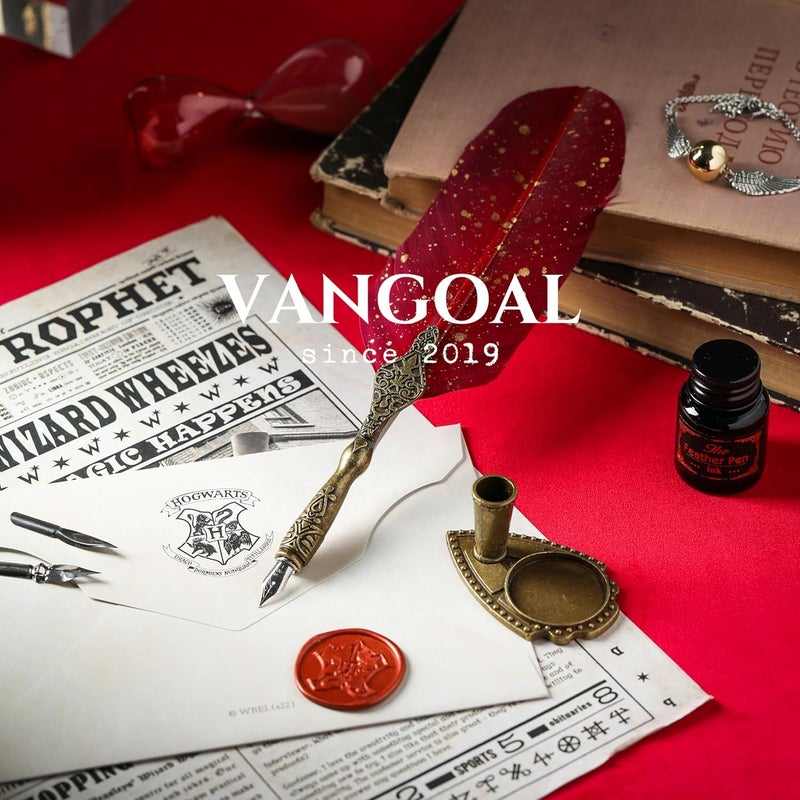 VANGOAL Vintage Carving Feather Pen Set, Glittering Quill Pen Set Antique Calligraphy Writing Dip Pen with Ink, 2 Replacement Nibs, Pen Stand Base, Luxury Vintage Signature Pen (Red) - Image 3