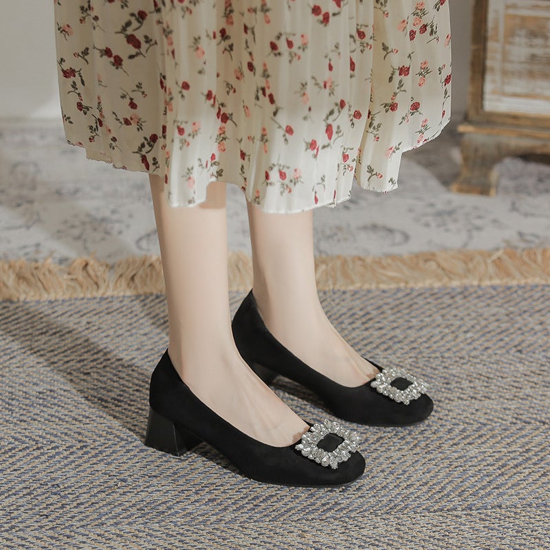 French Suede High-Heeled Shoes Heavy Heel Black Square Toe Low Heel Single-Layer Shoes Women'S Elegant Rhinestone Women'S Shoes - Image 2