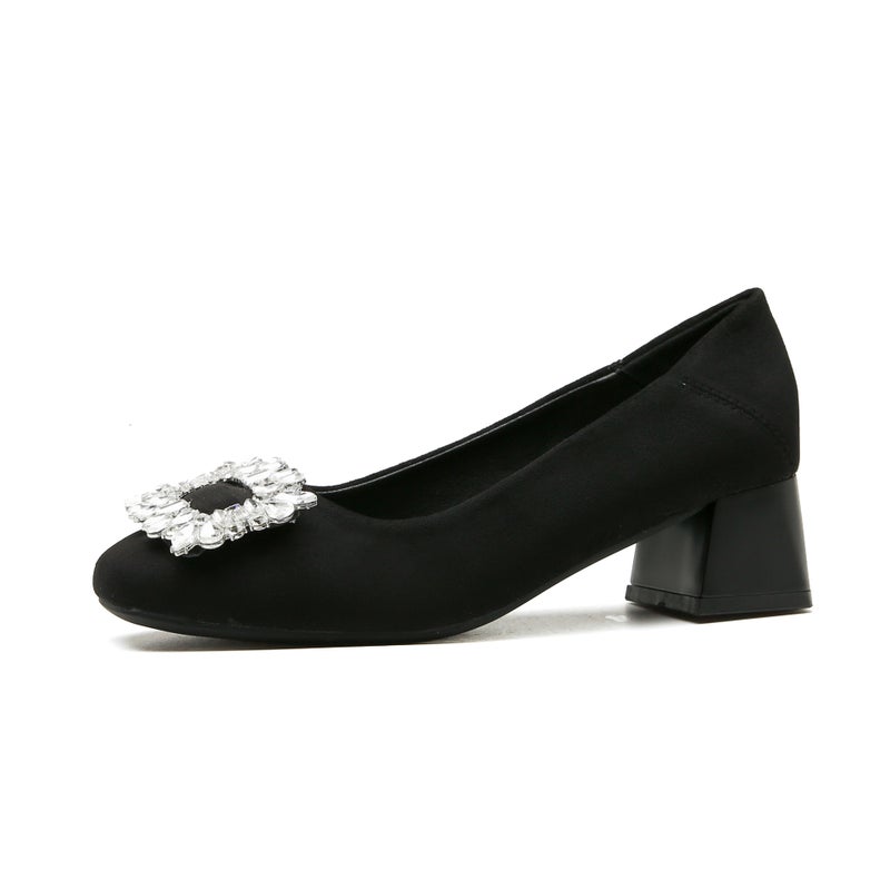 French Suede High-Heeled Shoes Heavy Heel Black Square Toe Low Heel Single-Layer Shoes Women'S Elegant Rhinestone Women'S Shoes - Image 1