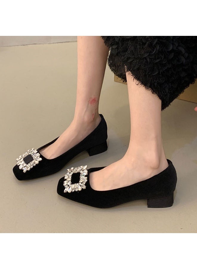 French Suede High-Heeled Shoes Heavy Heel Black Square Toe Low Heel Single-Layer Shoes Women'S Elegant Rhinestone Women'S Shoes - Image 4