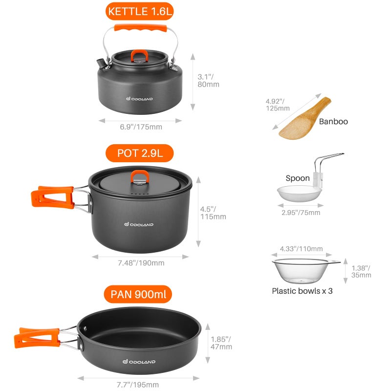 Odoland 10pcs Camping Cookware Camping Pots and Pans Set with Kettle Plastic Bowls and Soup Spoon for Camping, Backpacking, Outdoor Cooking and Picnic - Image 4